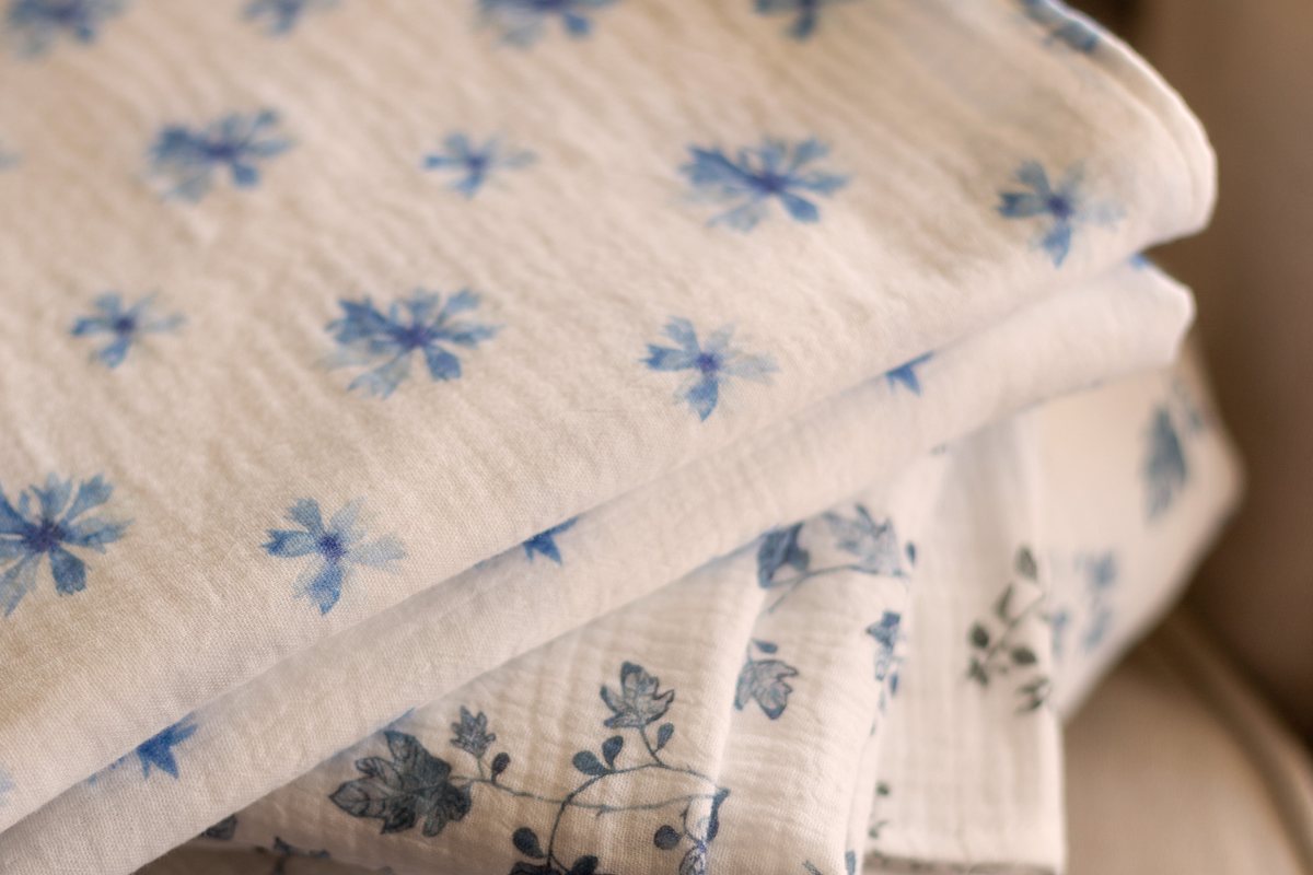 Cornflower, Snowberry and Fig swaddles stacked